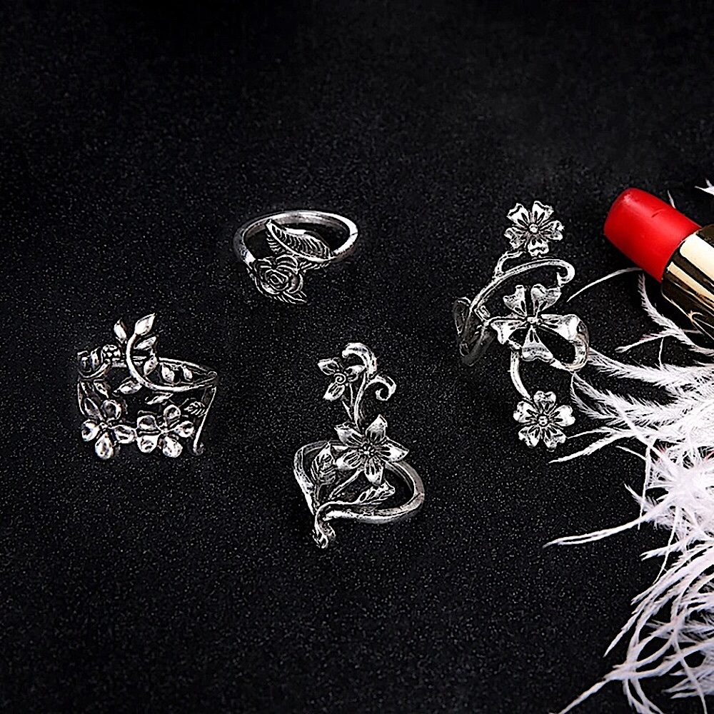 Silver flower vine knuckle ring set πΊ - Picture 5 of 11